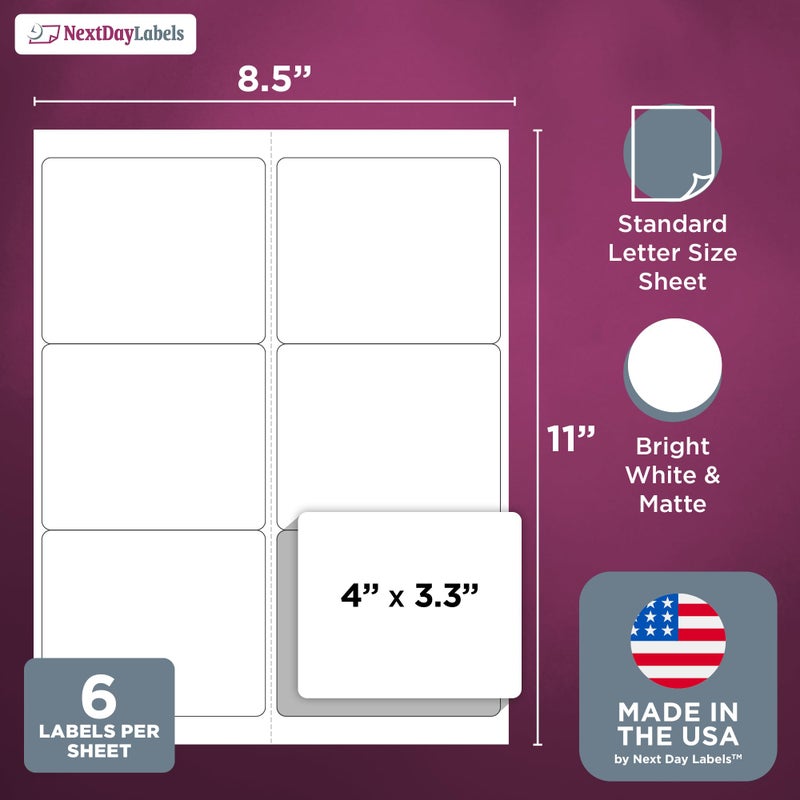 NextDayLabels â€“ 4" x 3-1/3" Rectangular Sticker Labels for Printer - White Laser/Inkjet Printer Labels Return Address Labels Shipping Label Stickers (50 Sheets, 6 Per Sheet, 300 Labels) - Image 2